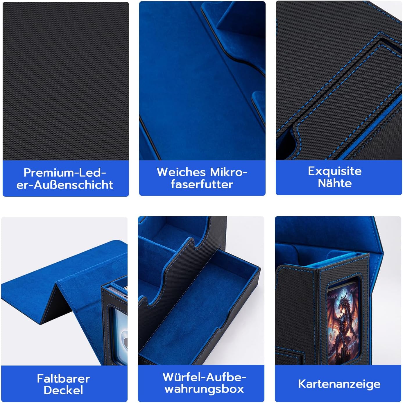 Detalle de Tolesum Doppelschicht Card Deck Box für MTG & Commander – Sammelkartenbox mit Schaufenster und Würfelfach, magnetisch (schwarz/blau)
