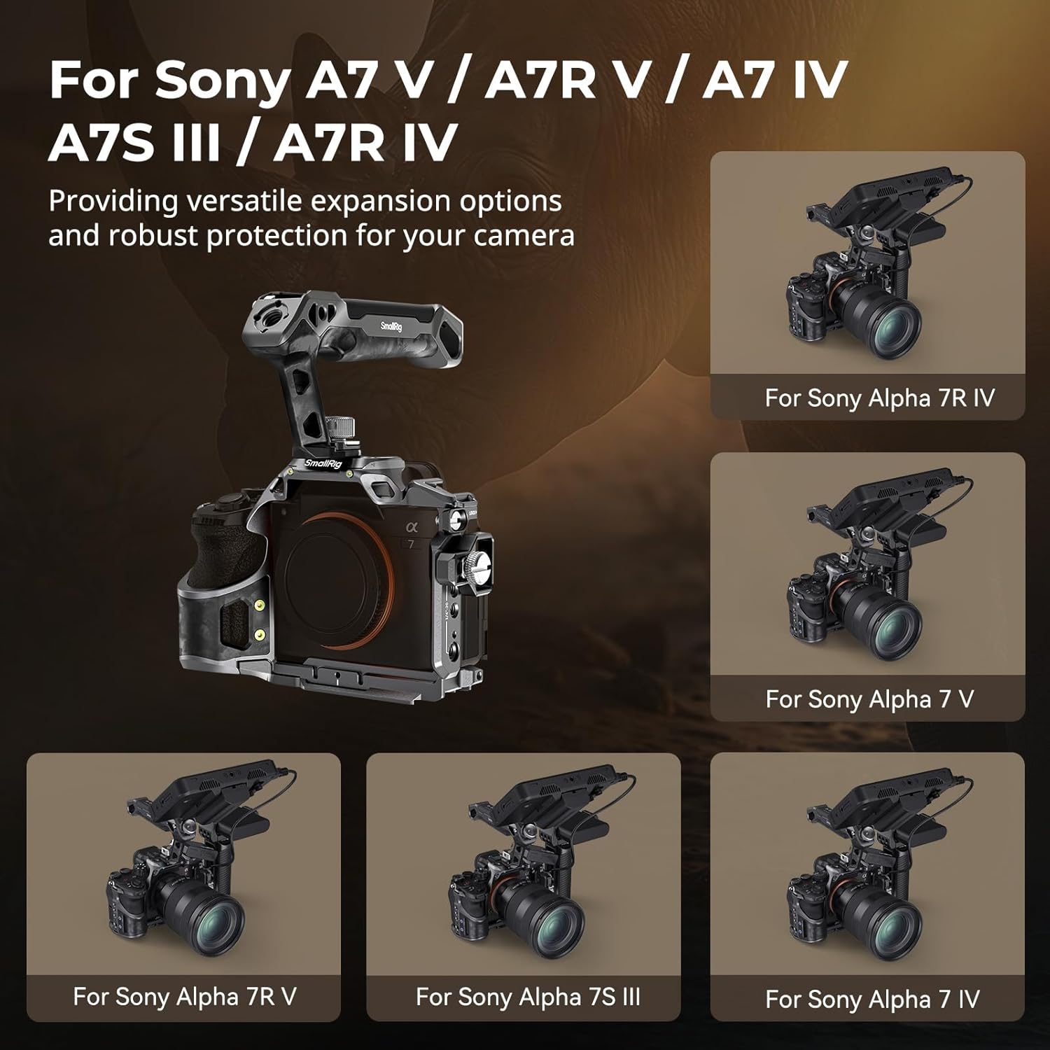 Detalle de SMALLRIG Rhinoceros Cage for Sony A7 V / A7R V / A7 IV – Basic Kit with Top Handle