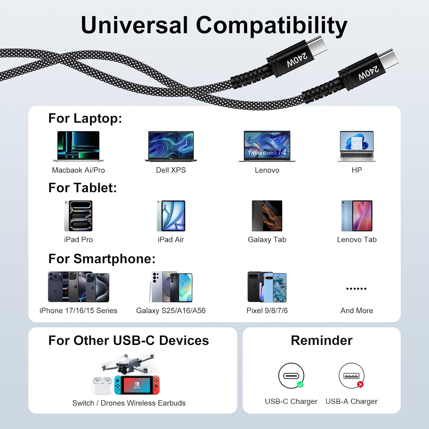 Thumbnail 3 de GiGreen 240W USB-C to USB-C Charger Cable (2 Pack) – 6FT / 1.8M, PD Fast Charge for MacBook Pro/Air, iPhone 15/16/17, Galaxy S25, Switch & more