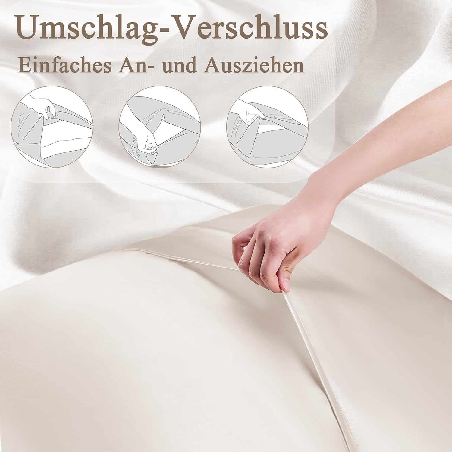 Thumbnail 5 de Vielit Satin Kissenbezug 80x80 im 2er-Set (Beige) mit 2 Haargummis