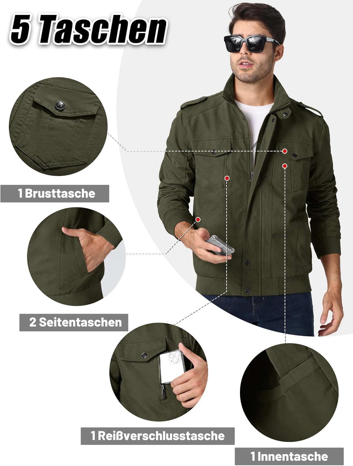 Detalle de MAGCOMSEN Übergangsjacke Herren aus Baumwolle mit Stehkragen und Multi-Taschen