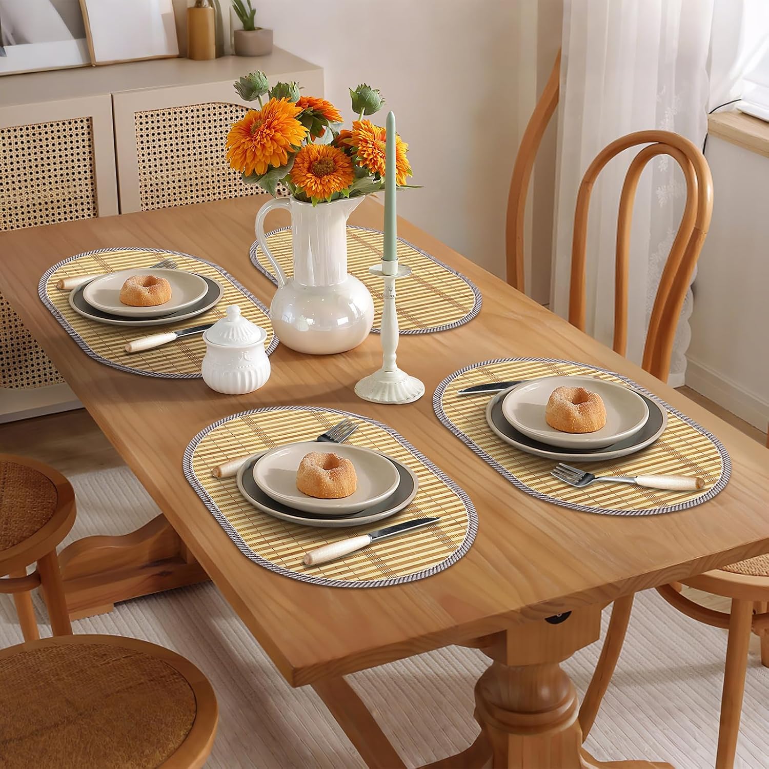 Detalle de Fanquare Bamboo Placemats Set of 6 – Rustic Japanese Style Oval Weaved Mats with Fabric Border