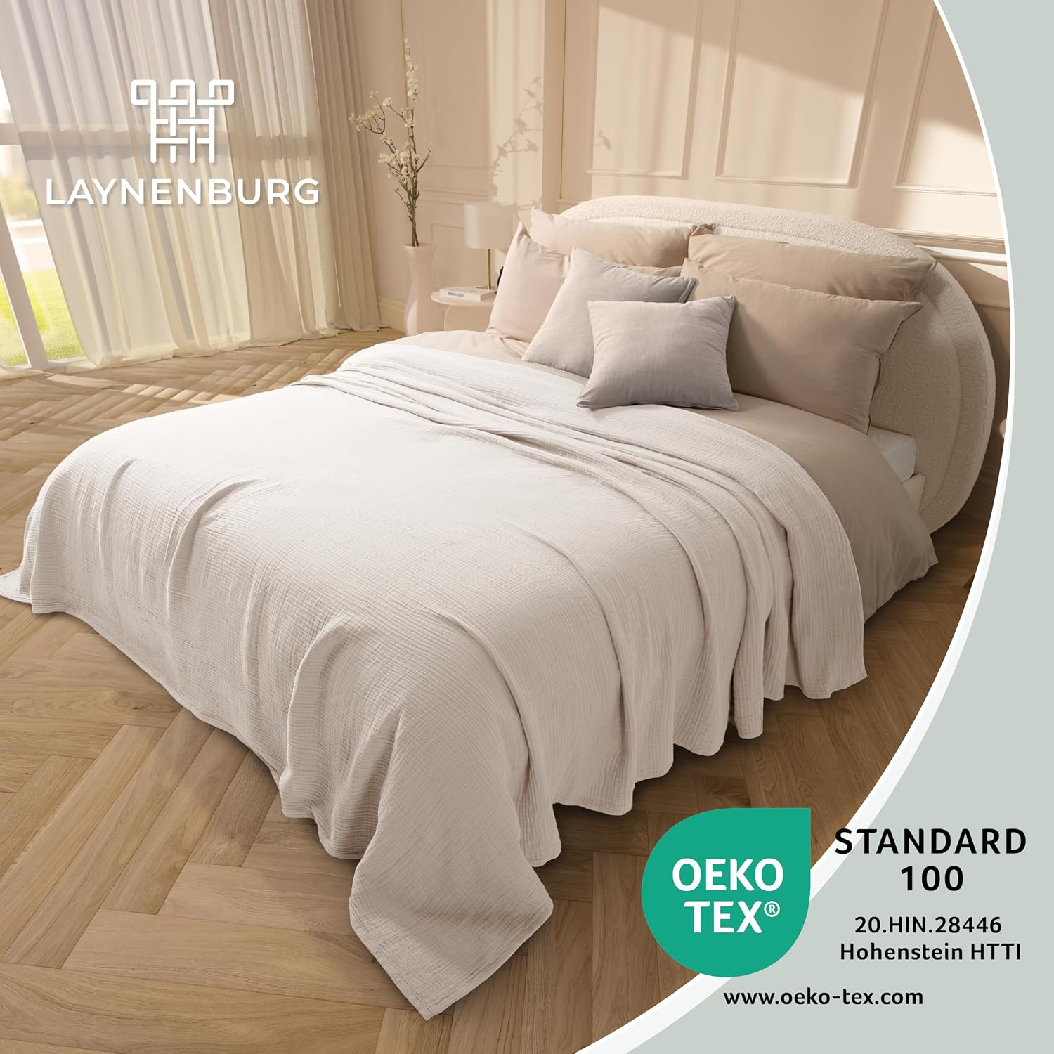 Detalle de LAYNENBURG Premium Musselin Tagesdecke 150x200 cm (100% Baumwolle) – extraweiche Sommerdecke in Altrosa