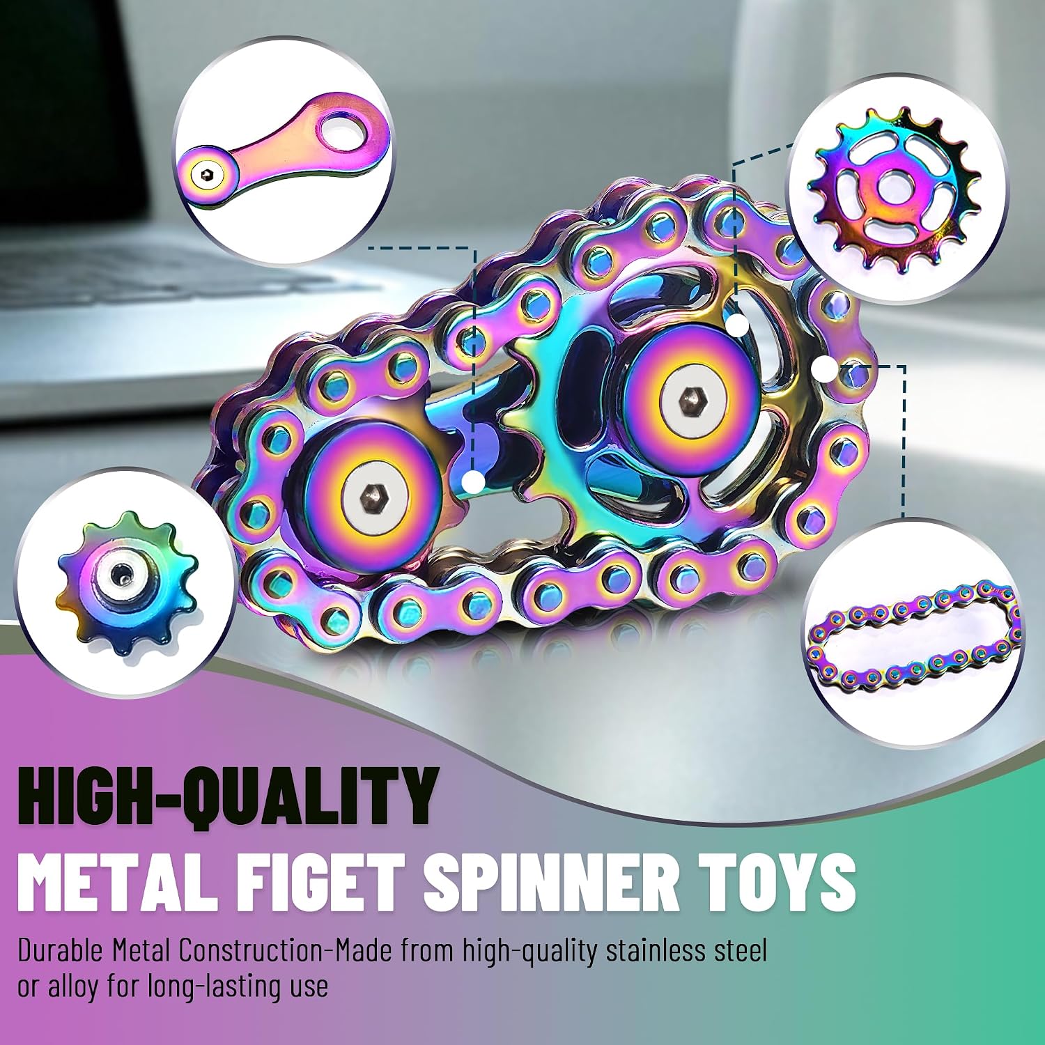 Detalle de Chilvil Metal Bike Chain Fidget Spinner Set, 2-Pack, Rainbow and Silver