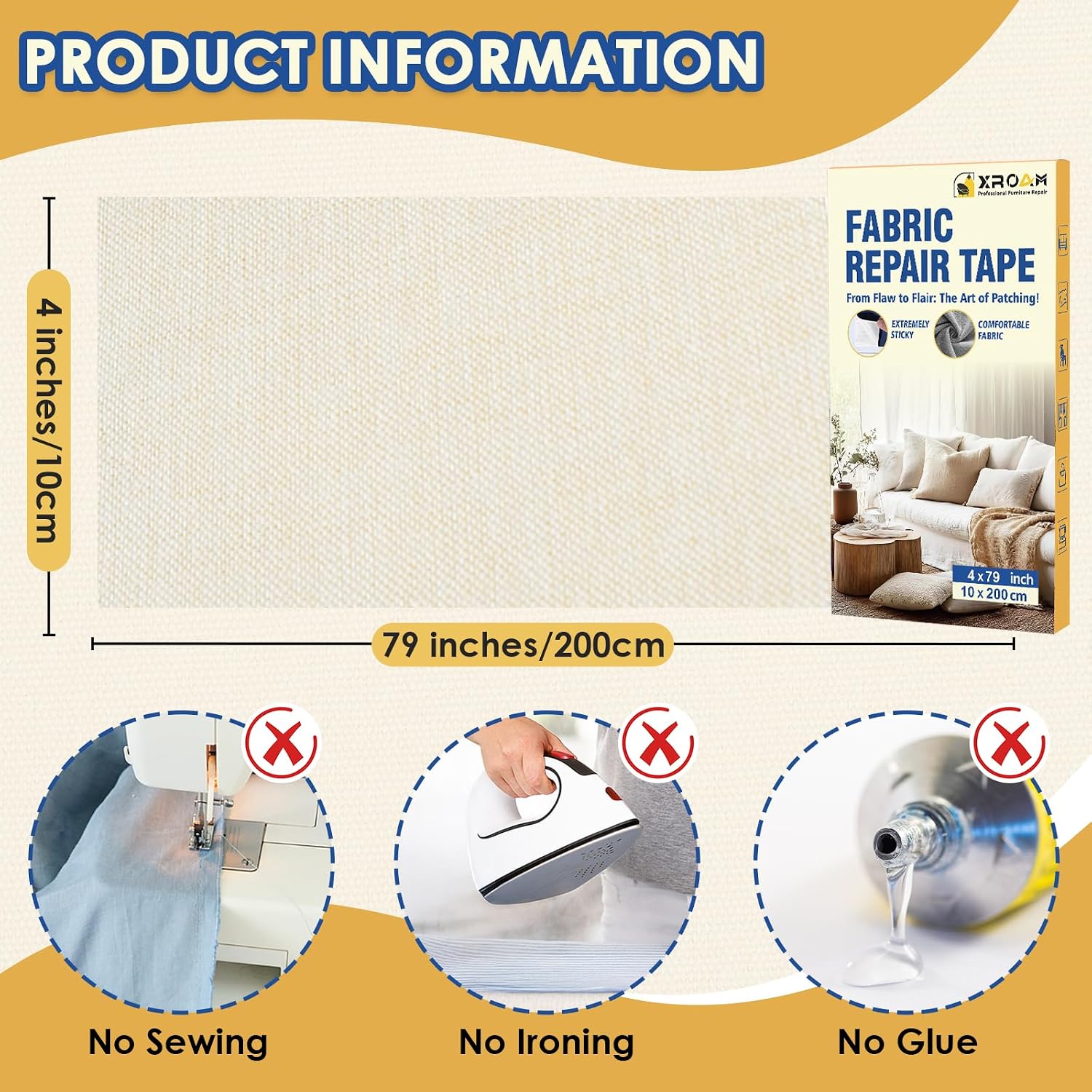 Detalle de Xroam CYM10200#101 Self-Adhesive Linen Repair Tape, 4" x 79", Black