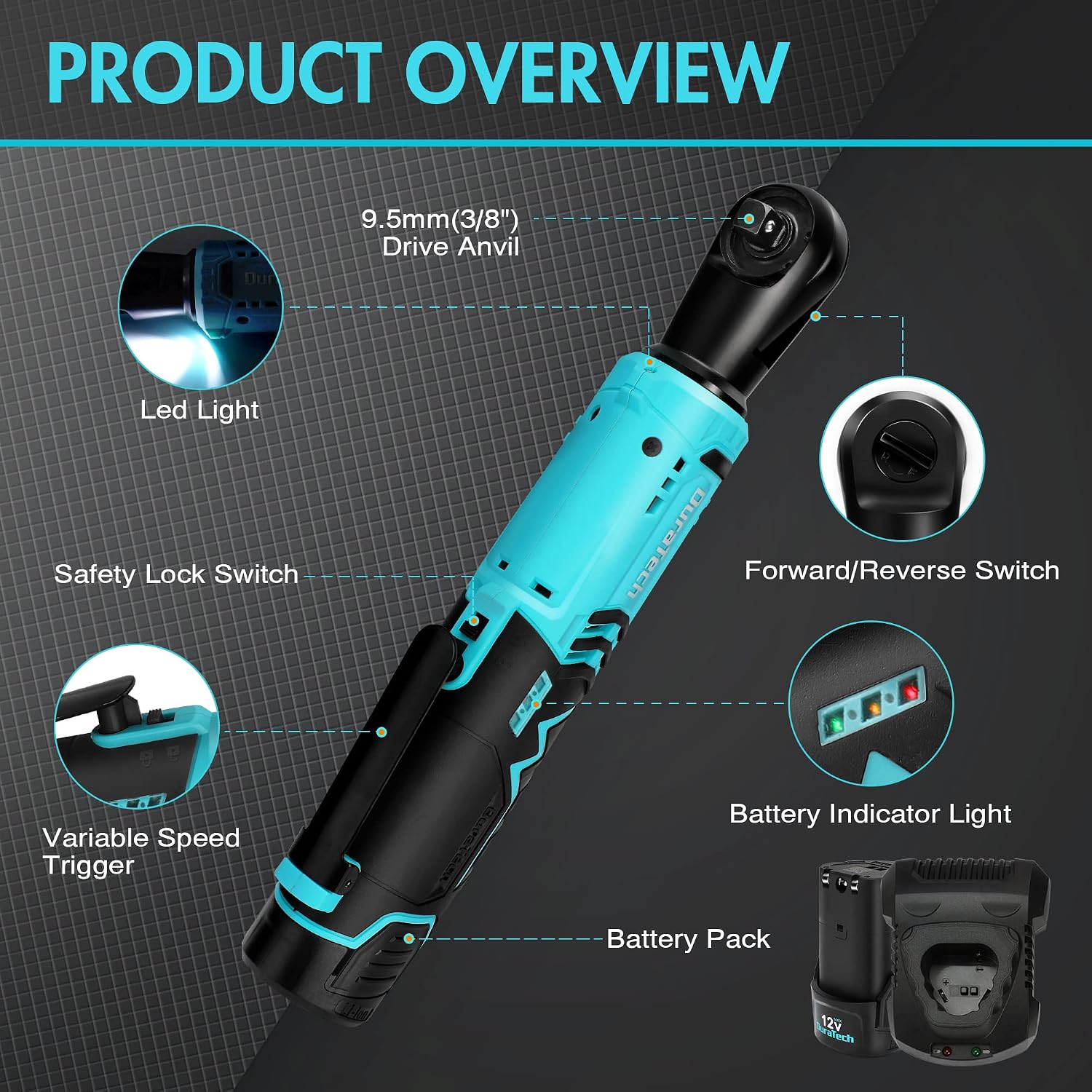Detalle de DURATECH Chiave a Cricchetto Elettrica 12V Senza Fili 3/8" (65 Nm) con 2 Batterie 2,0Ah e Custodia