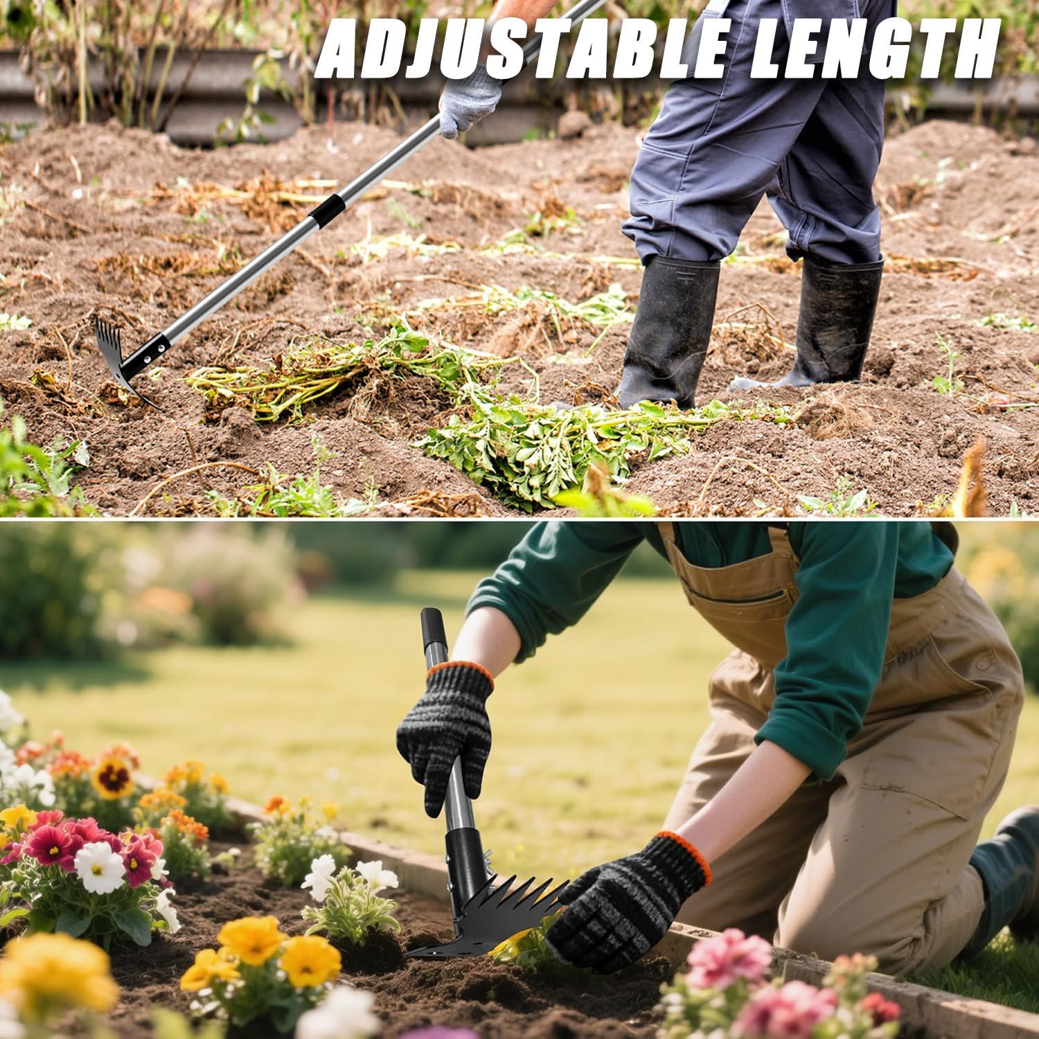 Detalle de 2-in-1 Weed Rake & Hoe Combo – Adjustable Heavy Duty Weeder (59in/150cm) with Stainless Steel Build