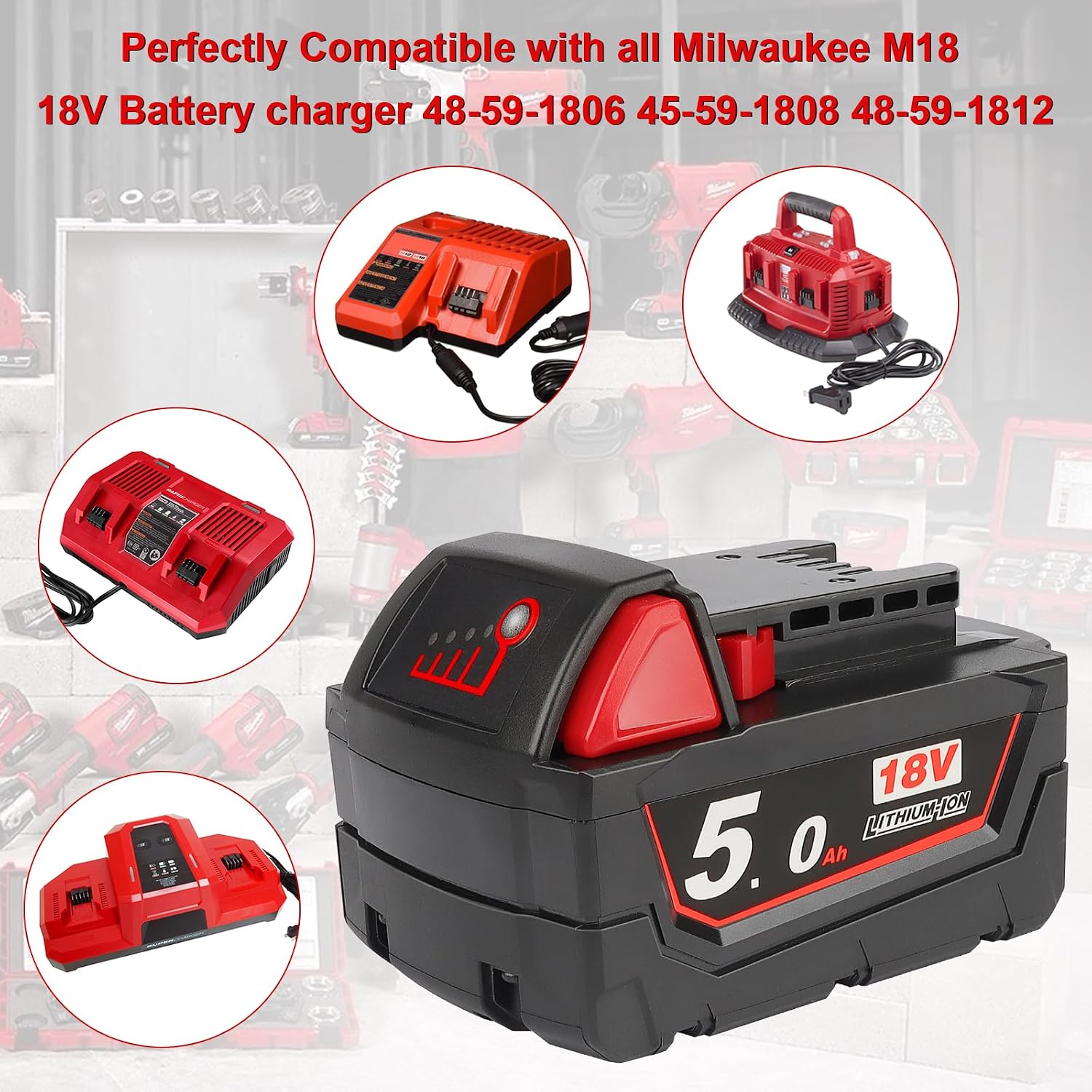 Thumbnail 3 de Powarobor 2 pezzi M18 B5 18V 5,0 Ah batteria di ricambio per Milwaukee M18 High Output 48-11-1850