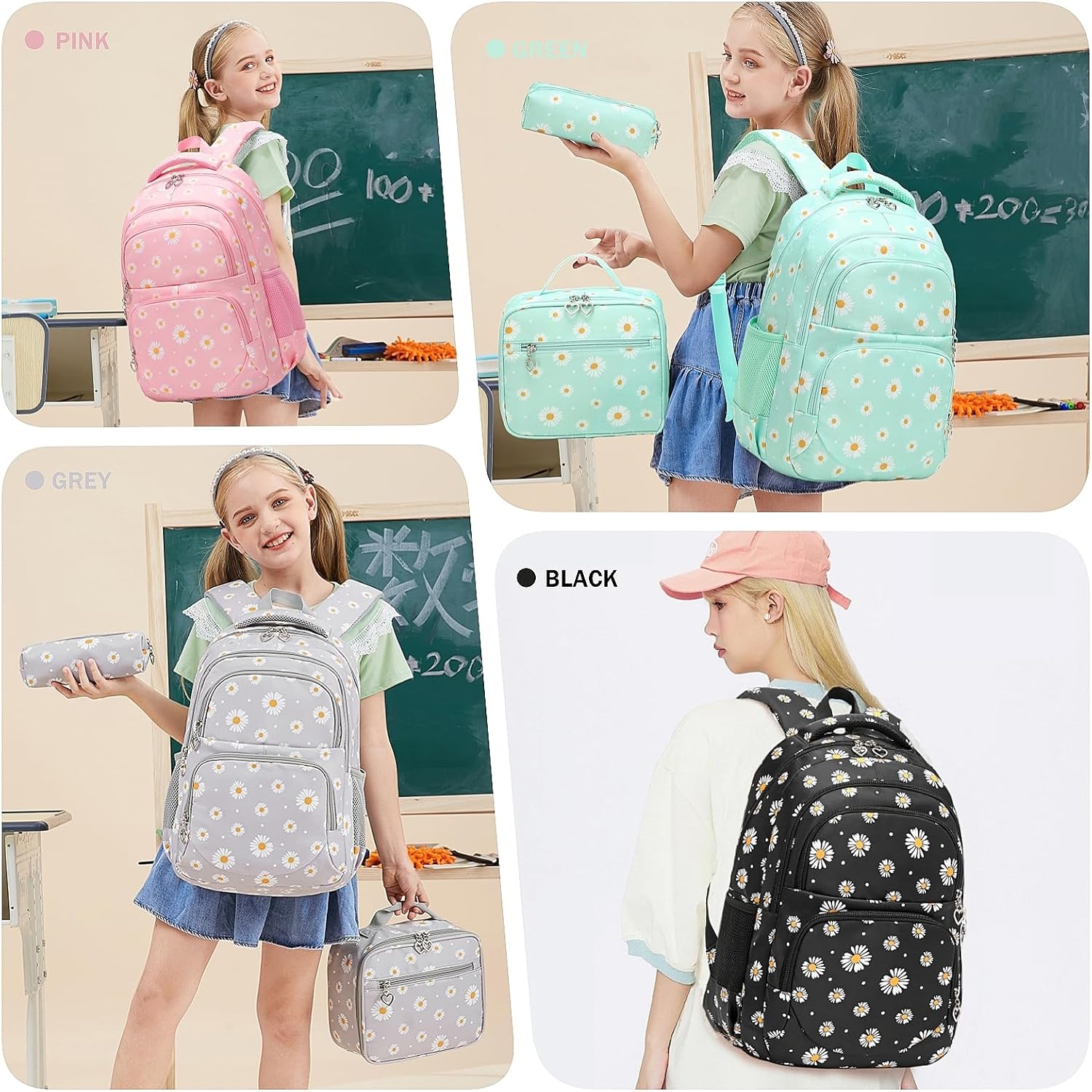 Detalle de Armbq Daisy Prints Girls School Bag: kids’ 3-piece backpack with insulated lunch bag