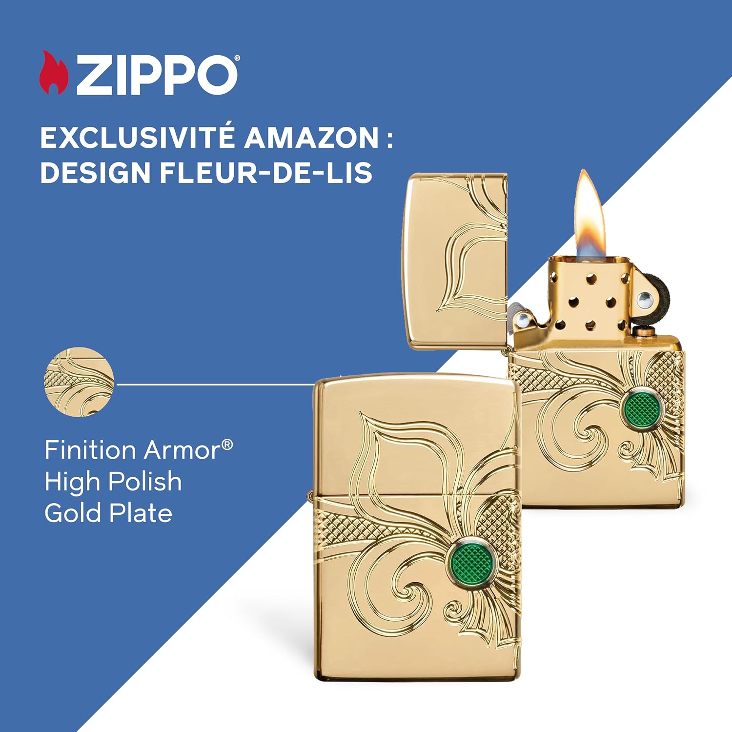 Detalle de Zippo Briquet Tempête Fleur de Lis – Finition Armor Laiton Poli Brillant Or avec Gravure