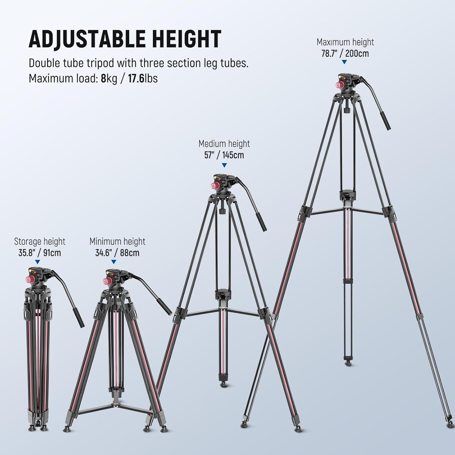 Detalle de NEEWER LL38 79"/2m Video Camera Tripod with Fluid Head & Cleaning Cloth: A practical, heavy‑duty option