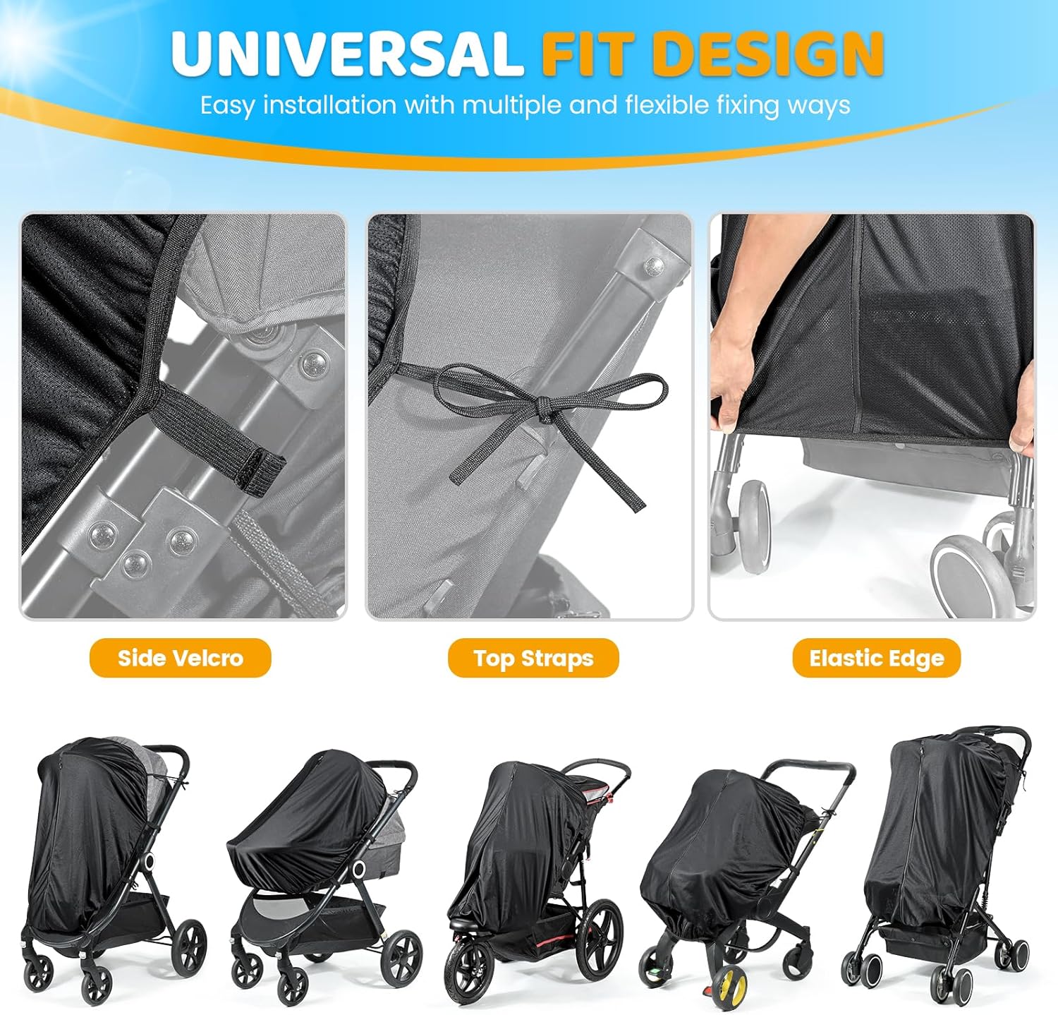 Detalle 1 de Orzbow Pram Sun Shade (Universal, Breathable) with Two-Way Zip – UPF 50+ UV protection, black