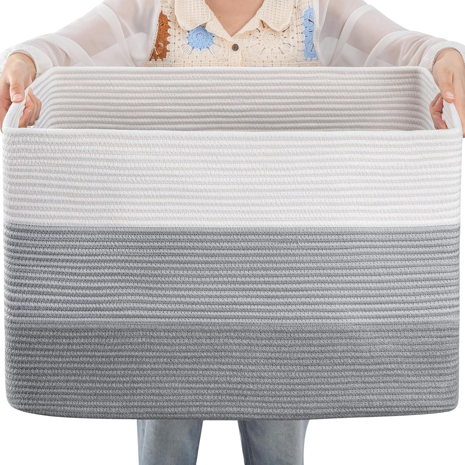 Detalle de OIAHOMY 108L Cotton Rope Basket for Laundry and Blanket Storage, Gradient Gray