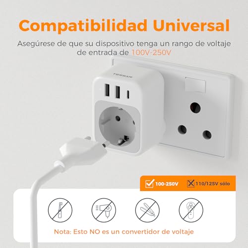 Detalle de TESSAN Adaptador Enchufe Sudáfrica: 4 en 1 con USB-C y 2 USB-A (2 piezas)