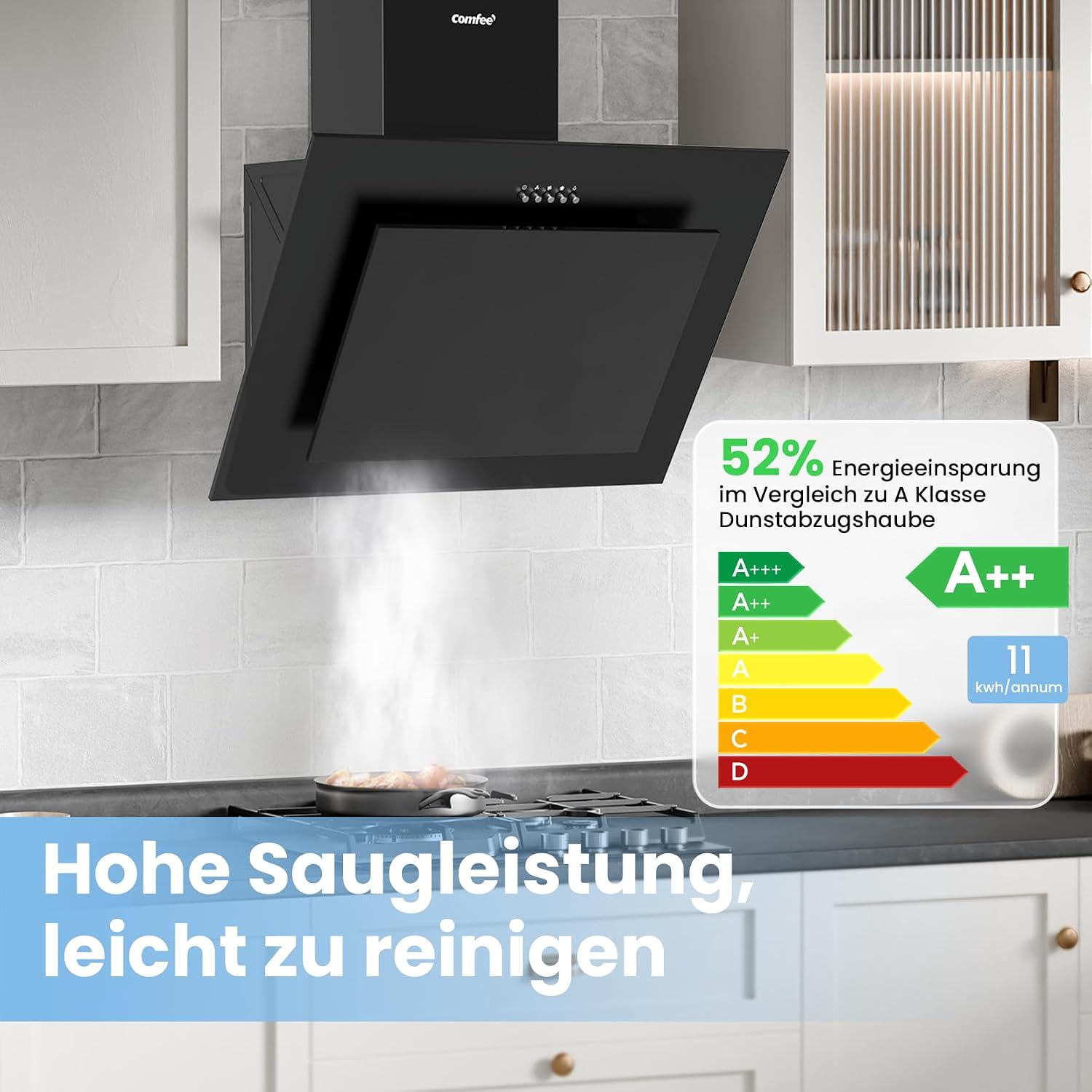 Detalle de COMFEE' CH60J78EM4A2B Dunstabzugshaube 60 cm – Kopffreihaube, Umluft/Abluft, 380 m³/h, LED, Aktivkohlefilter, Schwarz