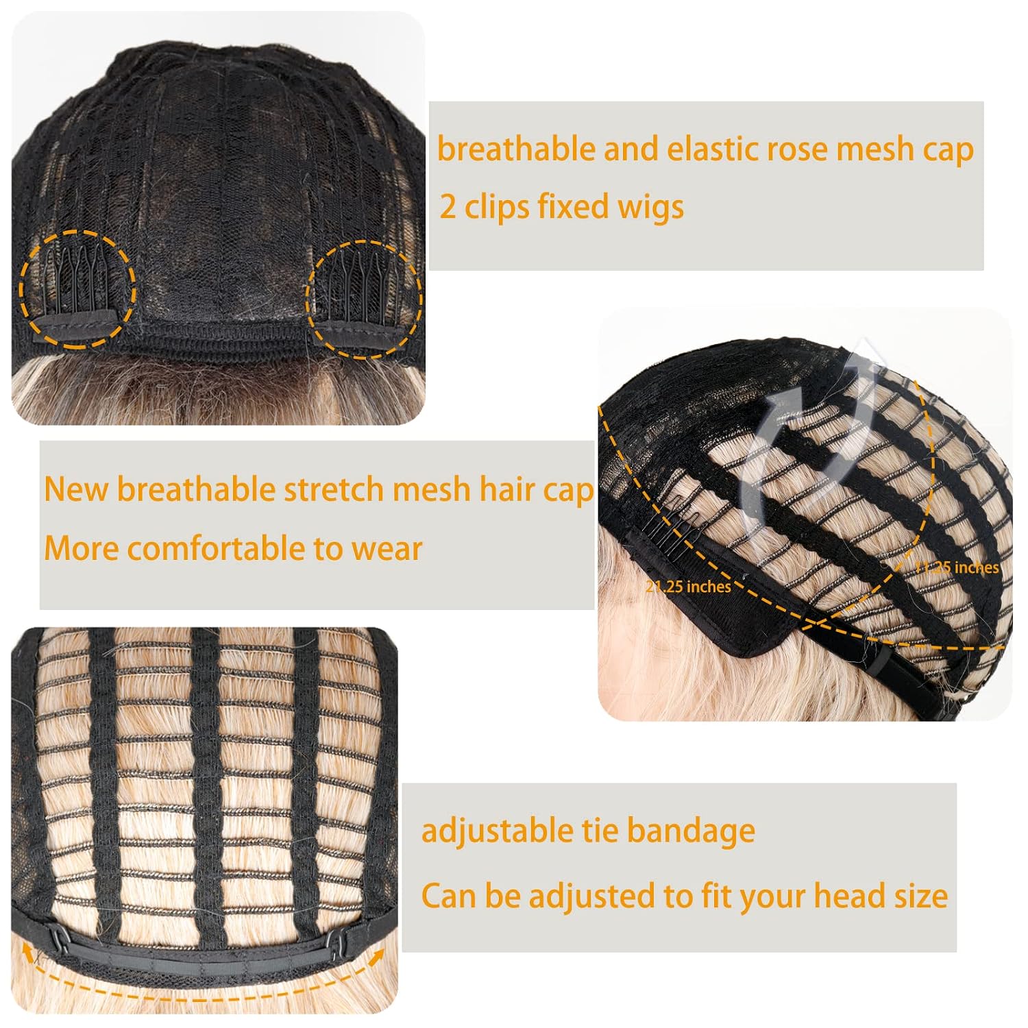 Detalle de MISSQUEEN Short Blonde Wig with Bangs - Wavy Bob, Ombre Synthetic Hair