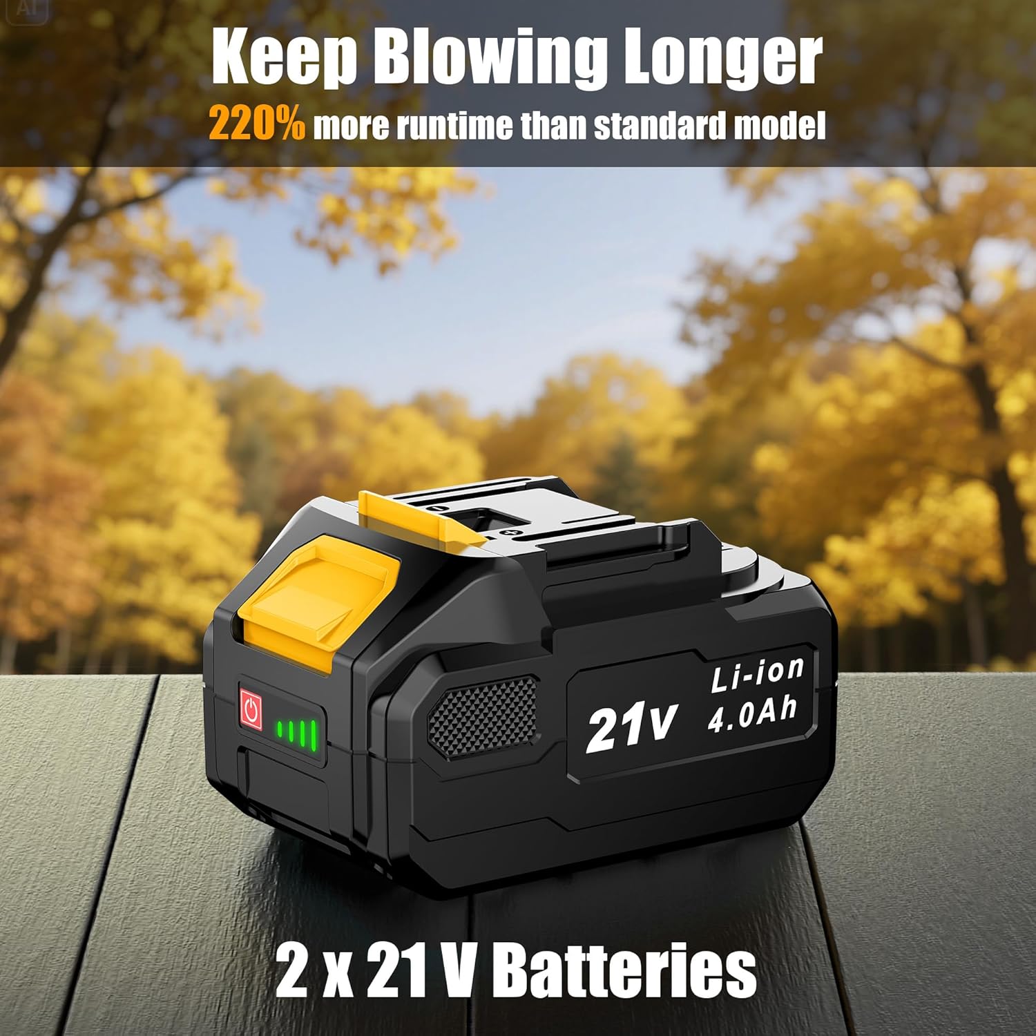 Detalle de JYGMPRO 21V Cordless Leaf Blower with 2 x 4000mAh batteries, 3 speed modes and shoulder strap