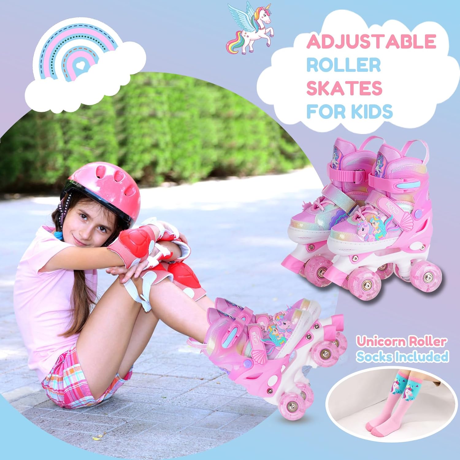 Thumbnail 1 de Girls Roller Skates for Kids Ages 3-12 Adjustable Light-Up Glowing Wheels