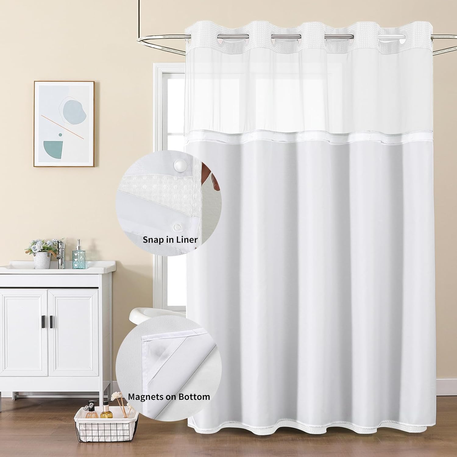 Thumbnail 1 de Colorful Star No-Hook Shower Curtain with Snap-in Liner – 72 x 75 Inch, White