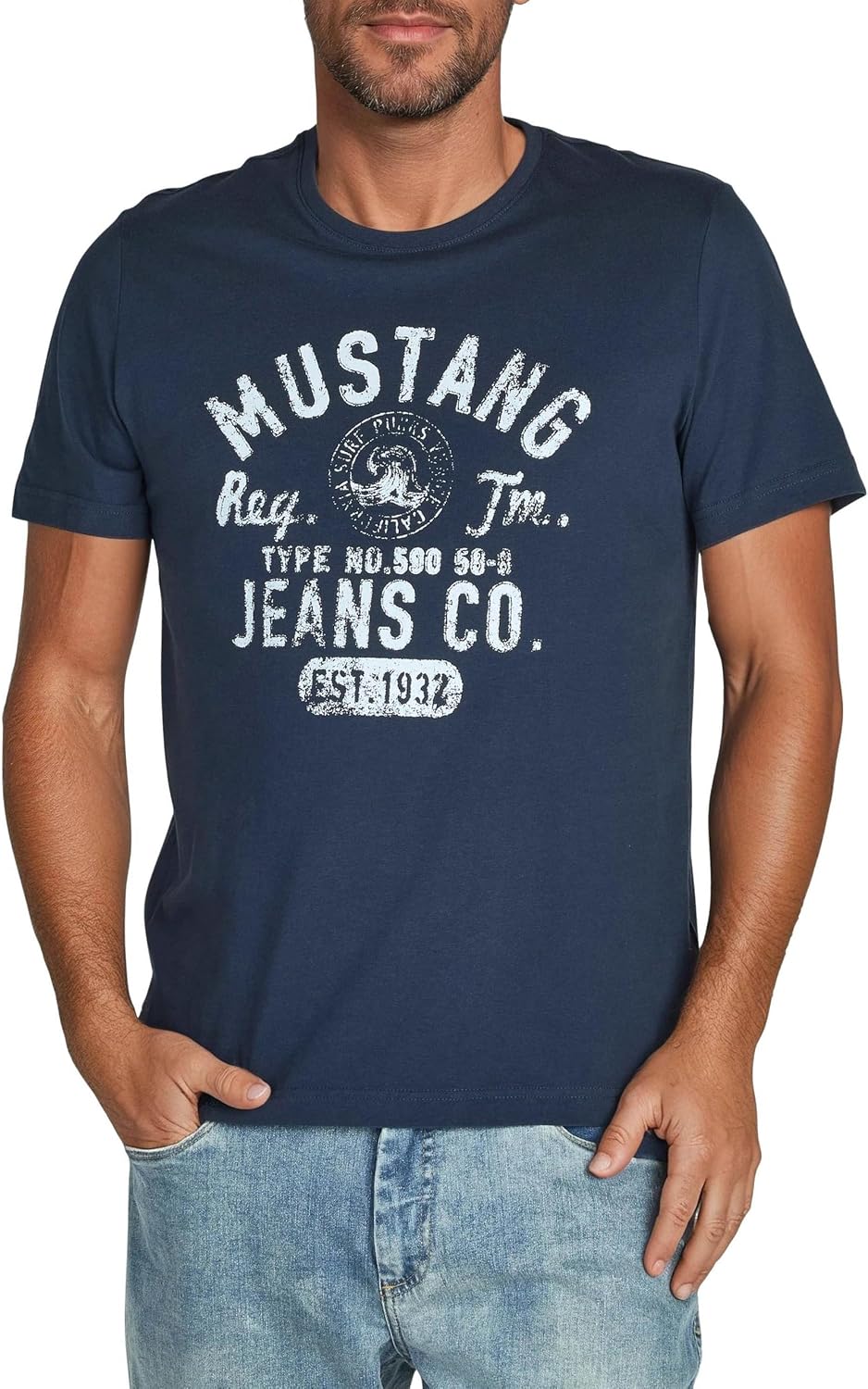 Detalle de MUSTANG Herren Baumwolle Regular Fit 4er Pack T-Shirts – Rundhals, Kurzarm, Logoprint