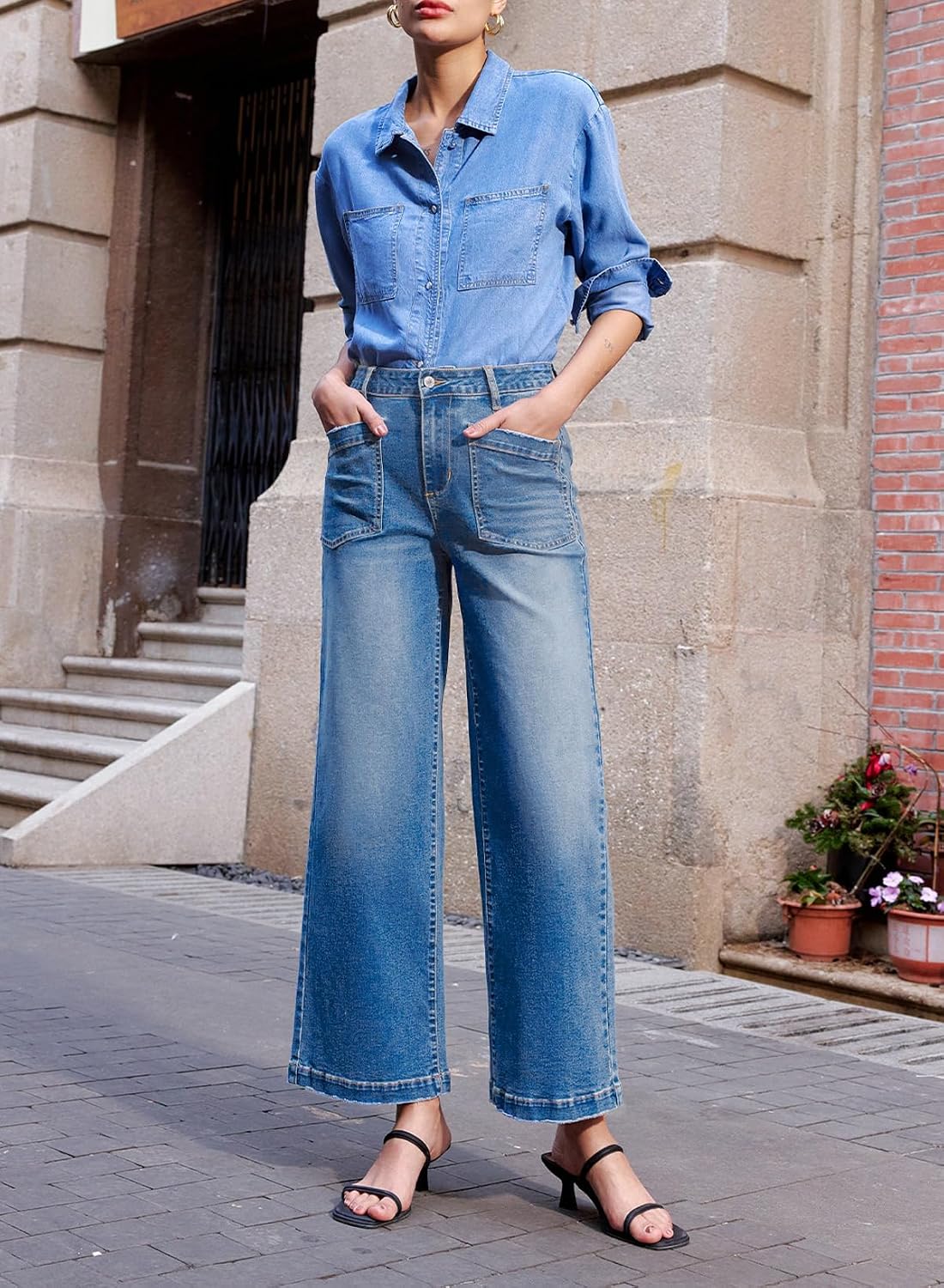 Detalle de Sidefeel Women's Wide-Leg Jeans, Stretch Denim