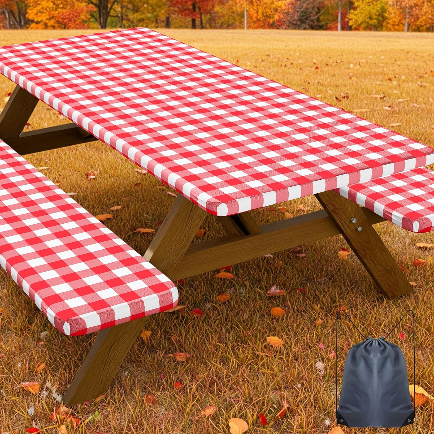 Detalle de Smiry Picnic Table Cover Set (Red & White Buffalo Plaid) with Bench Covers for 8-Foot Rectangle Tables