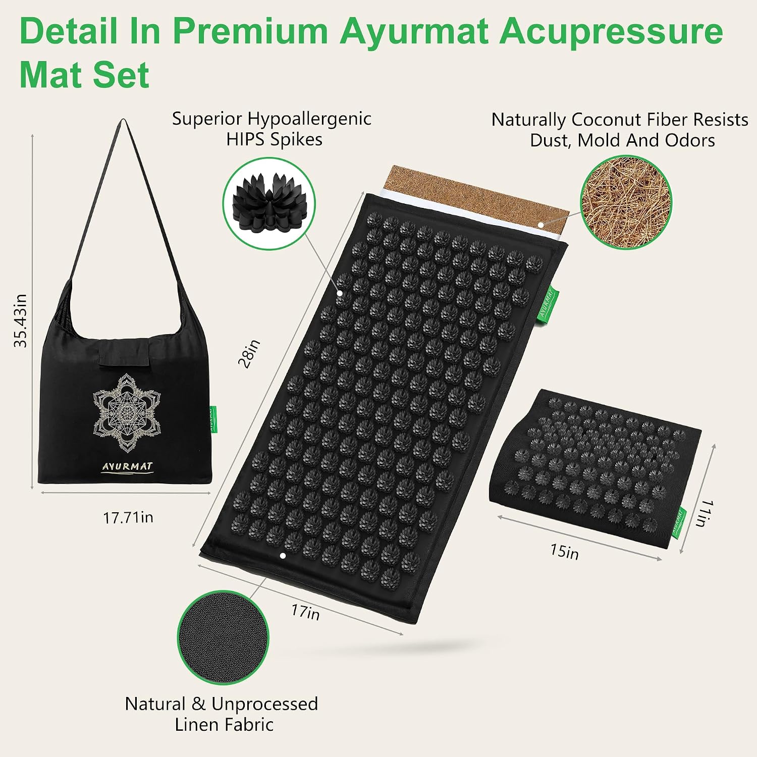 Detalle 1 de AyurMat Acupressure Mat and Pillow Set, Black Linen with Coconut Fibre