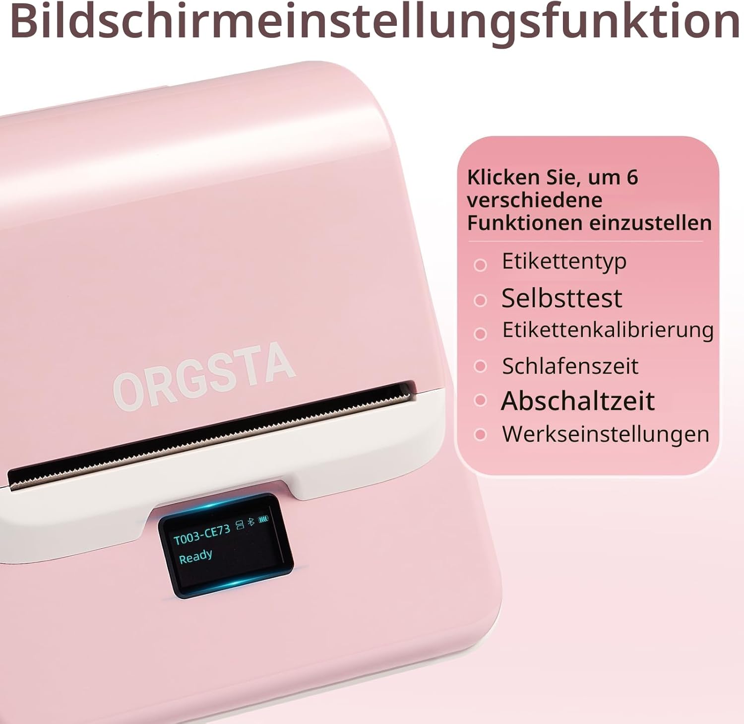 Detalle de ORGSTA T003 Etikettendrucker – tragbar, Bluetooth & USB, 20–80 mm Breite, 50 mm/s, OLED-Display