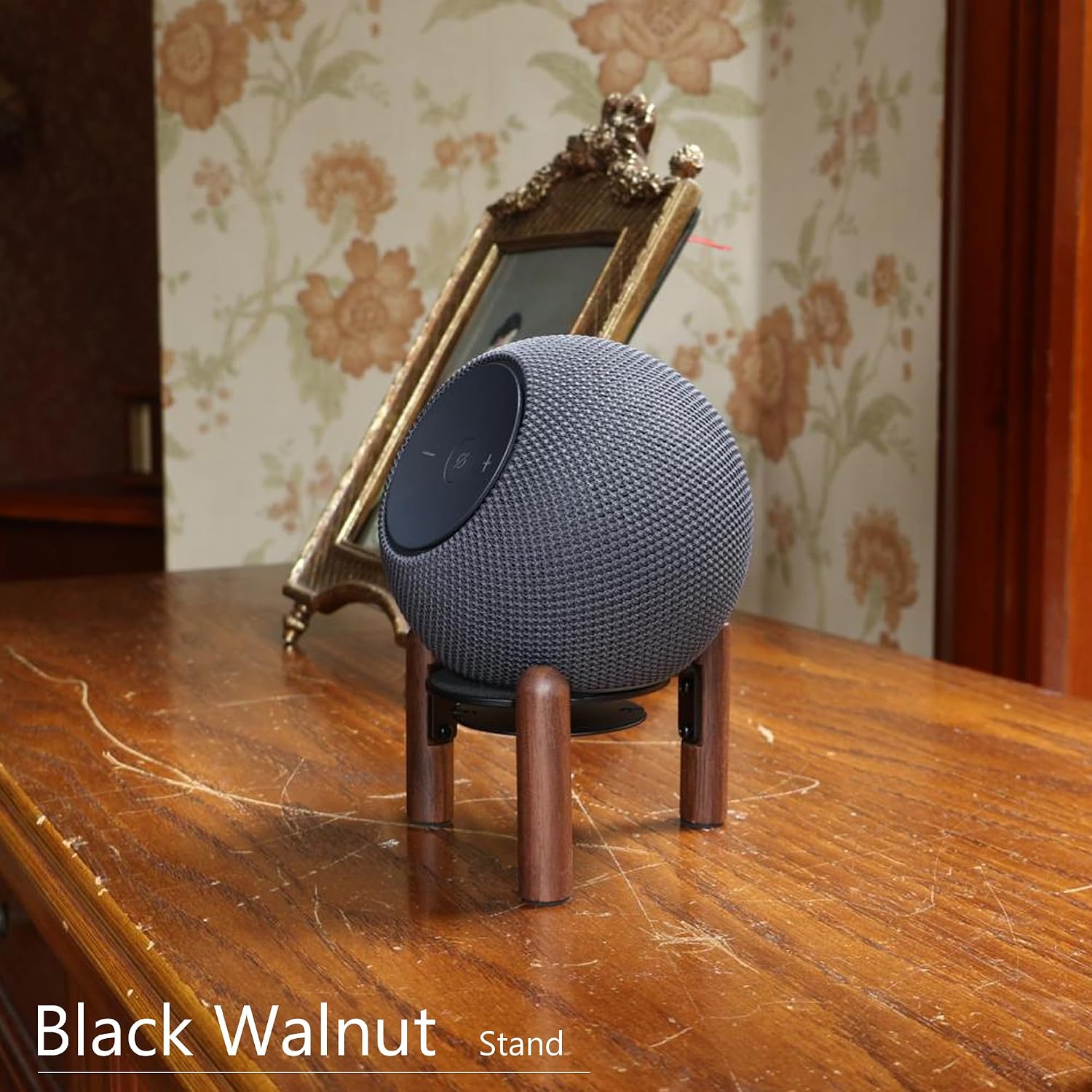 Detalle de H Huaberich デスクウッドスタンド Echo Dot Max用 ブラックウォールナット・コード収納付き