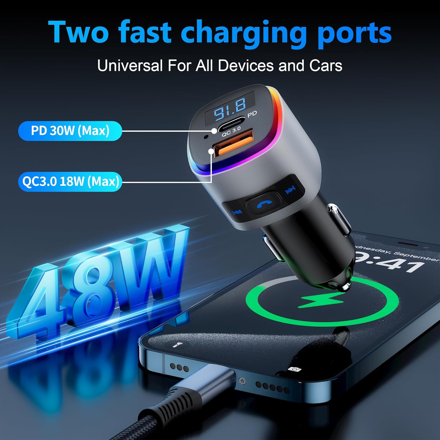 Detalle de SONRU Bluetooth FM Transmitter with Bluetooth 5.3, 30W PD & 18W QC3.0 Fast Charge, 7-Colour LED Backlight