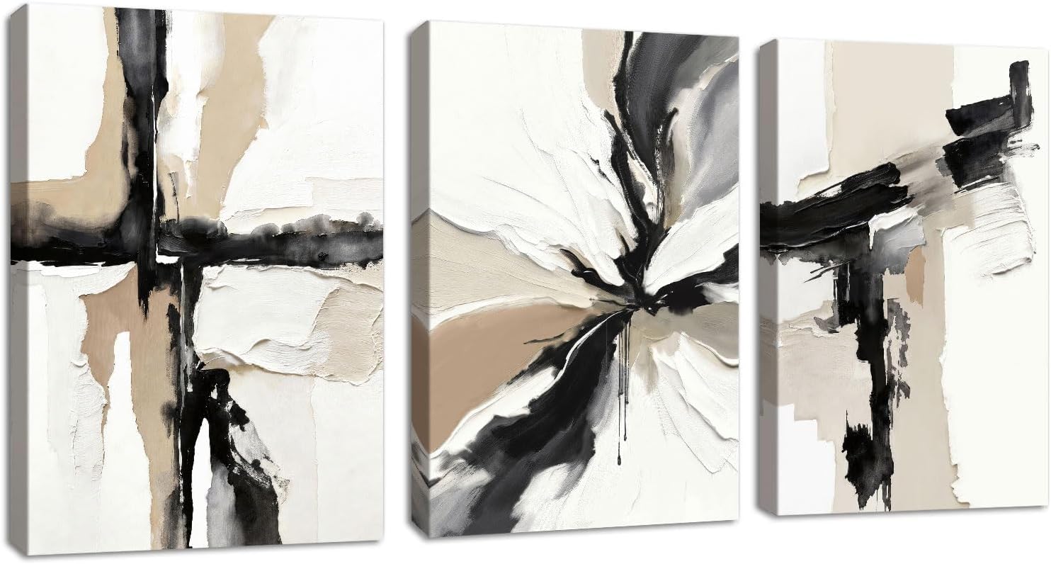 Thumbnail 6 de 3 Pcs Boho Beige Canvas Wall Art – Geometric Black Leaf Trio, 30x40 cm Each