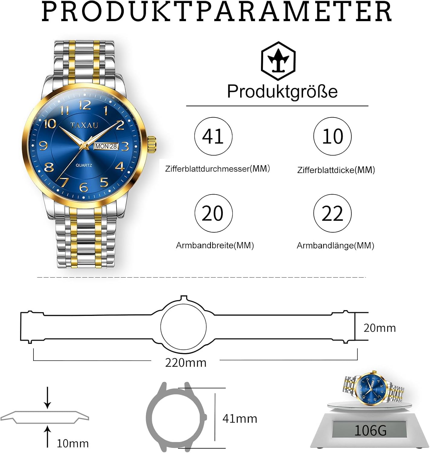 Detalle de Taxau Herrenuhr Silber Edelstahl 41 mm