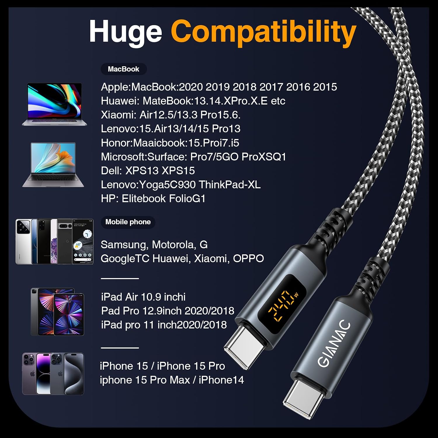 Thumbnail 6 de GIANAC 240W USB C Kabel mit LED-Display 2m ⚡