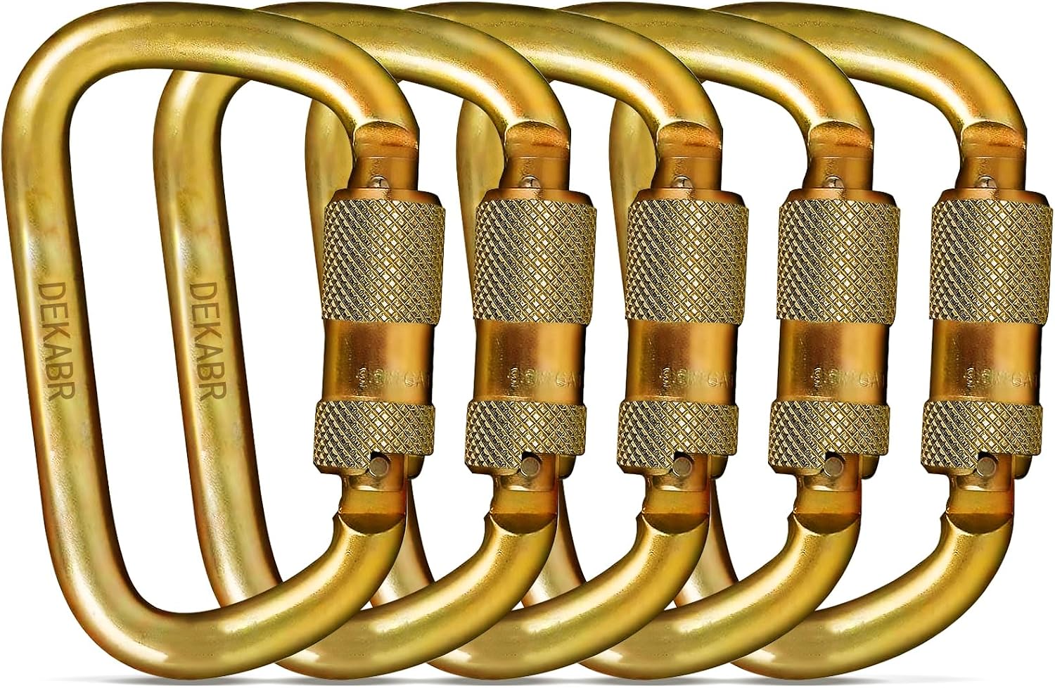 Detalle de DEKABR Heavy-Duty Climbing Carabiners, 45 kN Twist-Lock, Gold, 5-Pack