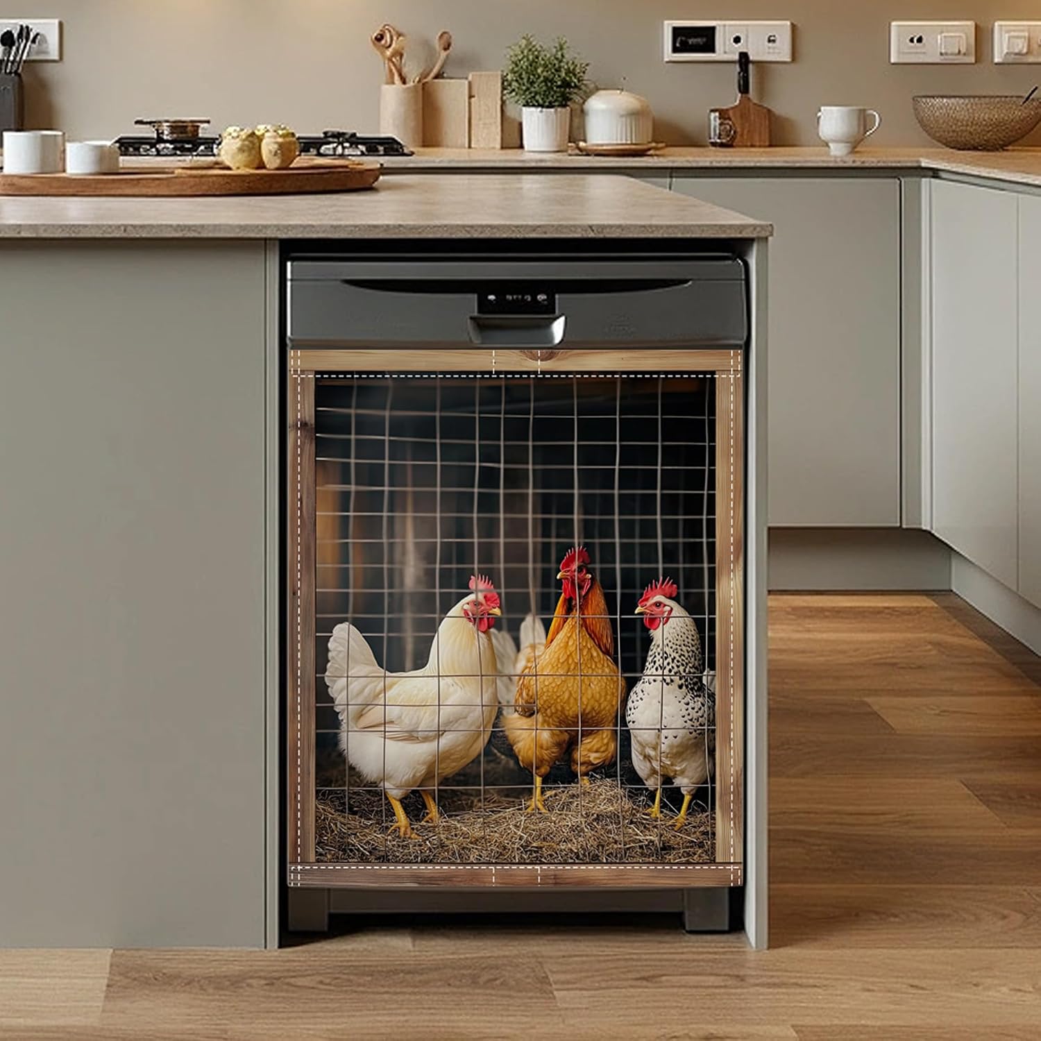 Detalle de ZIHONSE Farm Chicken Dishwasher Magnet Cover, 23 x 26 Inches, Coated Canvas