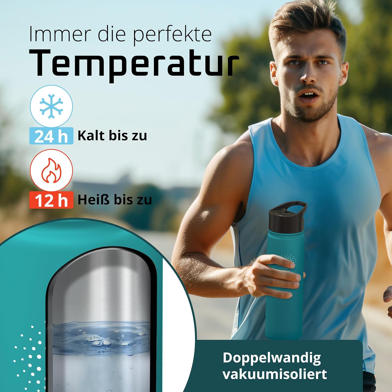 Thumbnail 3 de ACTIVE FLASK Edelstahl-Trinkflasche inkl. Strohhalm-Verschluss (3 Deckel), auslaufsicher & BPA-frei