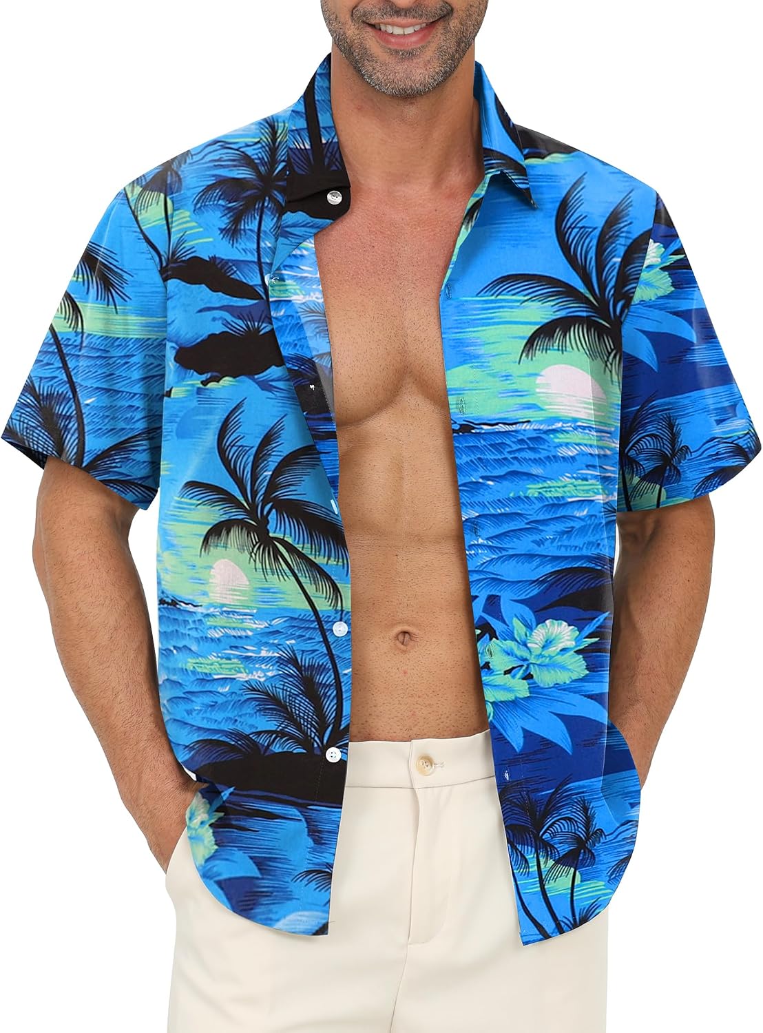 Detalle de Gavliuu men’s Hawaiian button-down floral shirt (short sleeves)