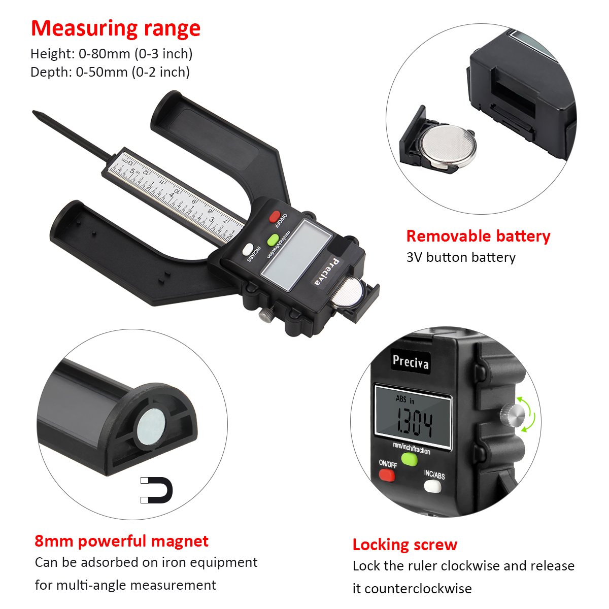 Detalle 2 de Preciva Digitaler Tiefen- und Höhenmesser für Frästisch & Oberfräse (LCD, 80 mm, 0,10 mm Genauigkeit)