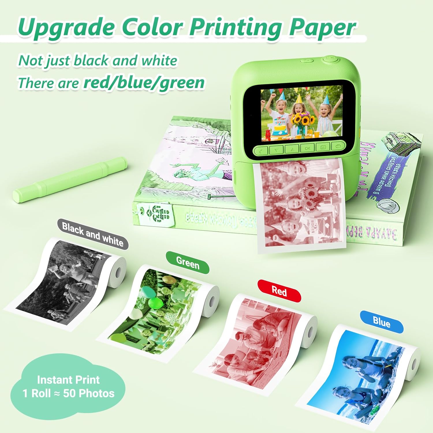 Detalle 2 de Naxup Sofortbildkamera für Kinder – 1080P, Druckpapierfarben, 32GB & kreative Extras (Grün)