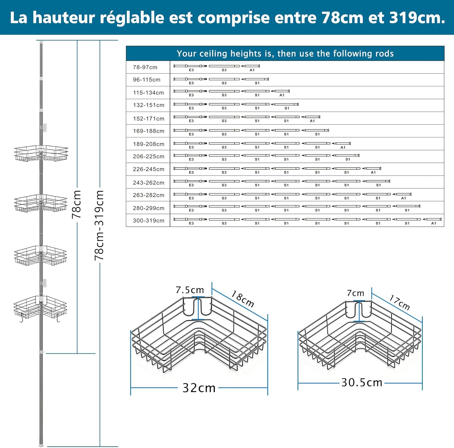 Thumbnail 6 de FIISAYL Étagère Douche Télescopique 85–325 cm