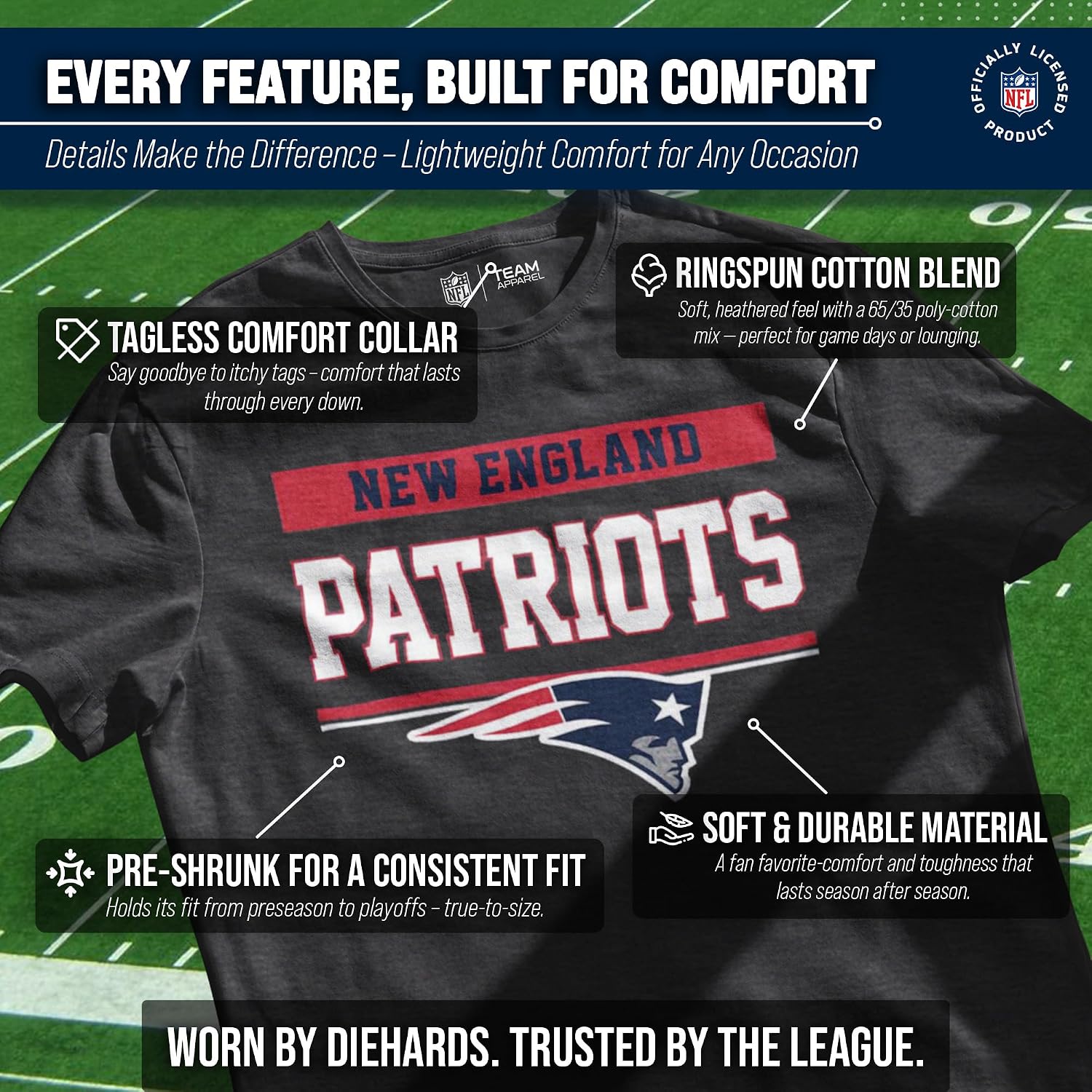 Detalle de Team Fan Apparel 3001_teamblk Patriots NFL T-Shirt, Charcoal, Tagless