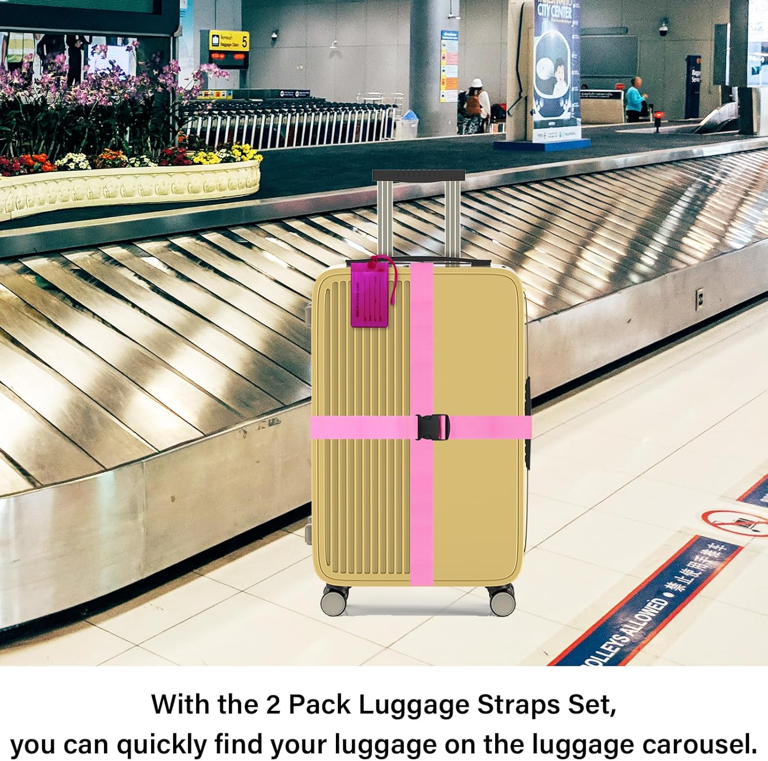 Detalle de 2 Pack Luggage Straps and 2 Pack Tags Sets for Suitcases (Pink) – Adjustable 198 cm with Quick Release Buckle