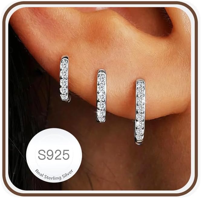 Detalle de AVOTTO 3 Pairs S925 Silver Earrings – Small Huggie Hoop Set