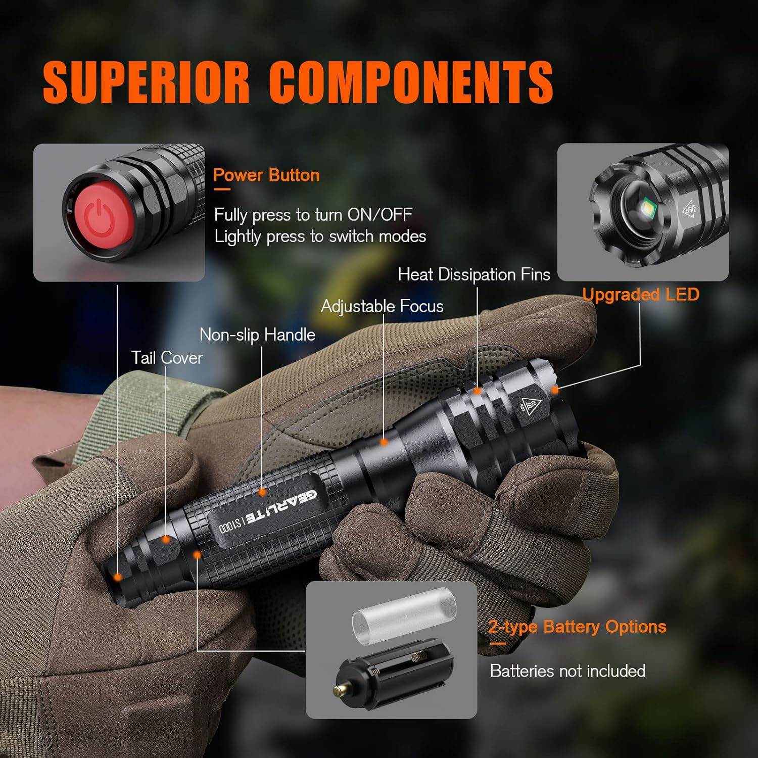 Detalle de GEARLITE LED Taschenlampe Extrem Hell 2 Stück – 4000 Lumen, Aluminium, IP65, Zoom