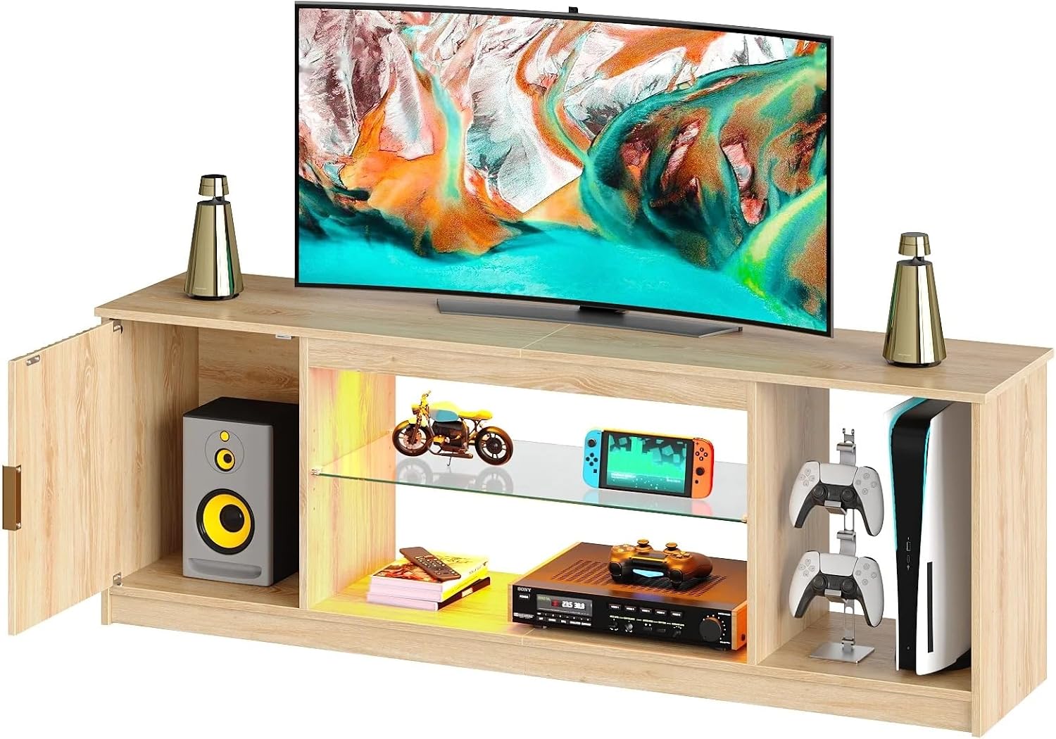 Thumbnail 6 de Bestier Mobile TV per TV fino a 65 pollici con centro gaming, ripiani in vetro regolabili e luci LED (Rovere Naturale)