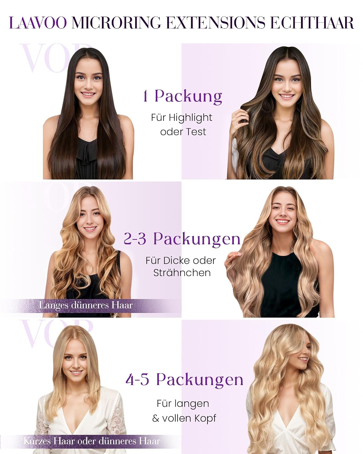 Detalle de LaaVoo Microring Echthaar Extensions – Balayage Silber Bis Balayage Ombre Schwarz, 50 cm, 50 g, 50 Stück