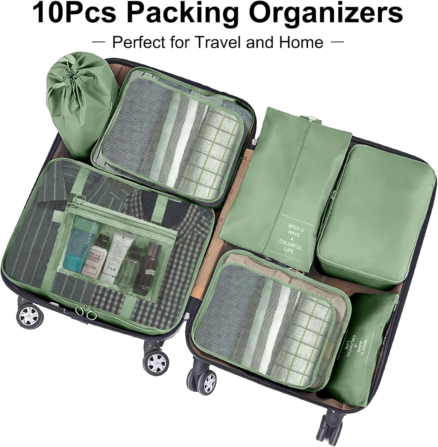 Detalle de Packing Cubes for Suitcases – 10-Piece Travel Organiser Set (Matcha Green)