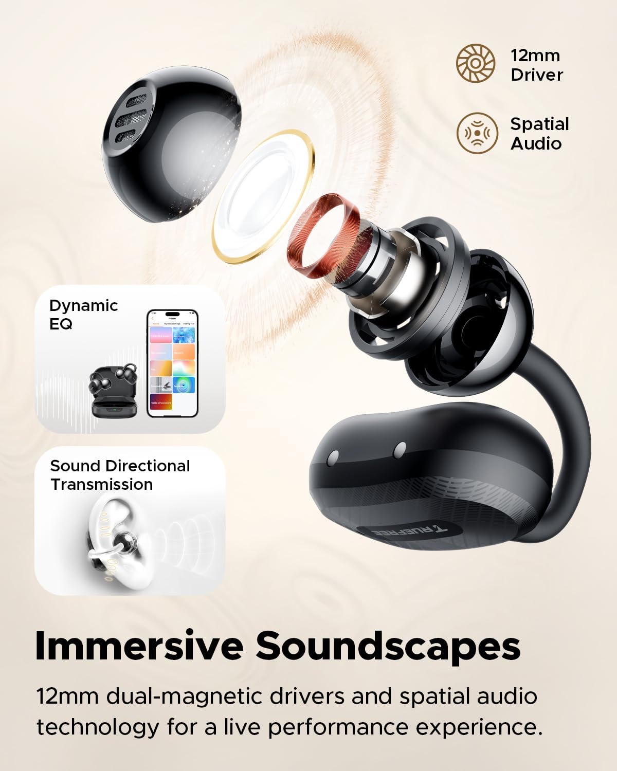 Detalle 2 de truefree C10 open‑ear earbuds 28H playtime