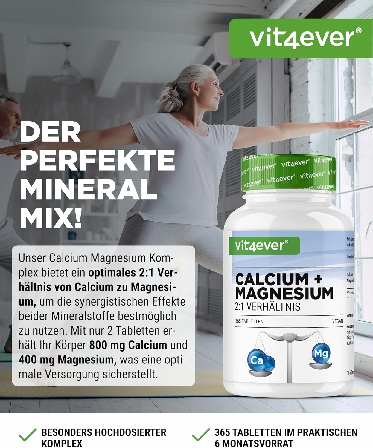 Detalle 2 de Calcium 800 mg + Magnesium 400 mg (2 Tabletten) - 365 Tabletten - 6 Monatsvorrat - Kalzium + Magnesium-Komplex im 2:1 Verhältnis - Vegan - Hochdosiert
Calcium 800 mg + Magnesium 400 mg (2 Ta…