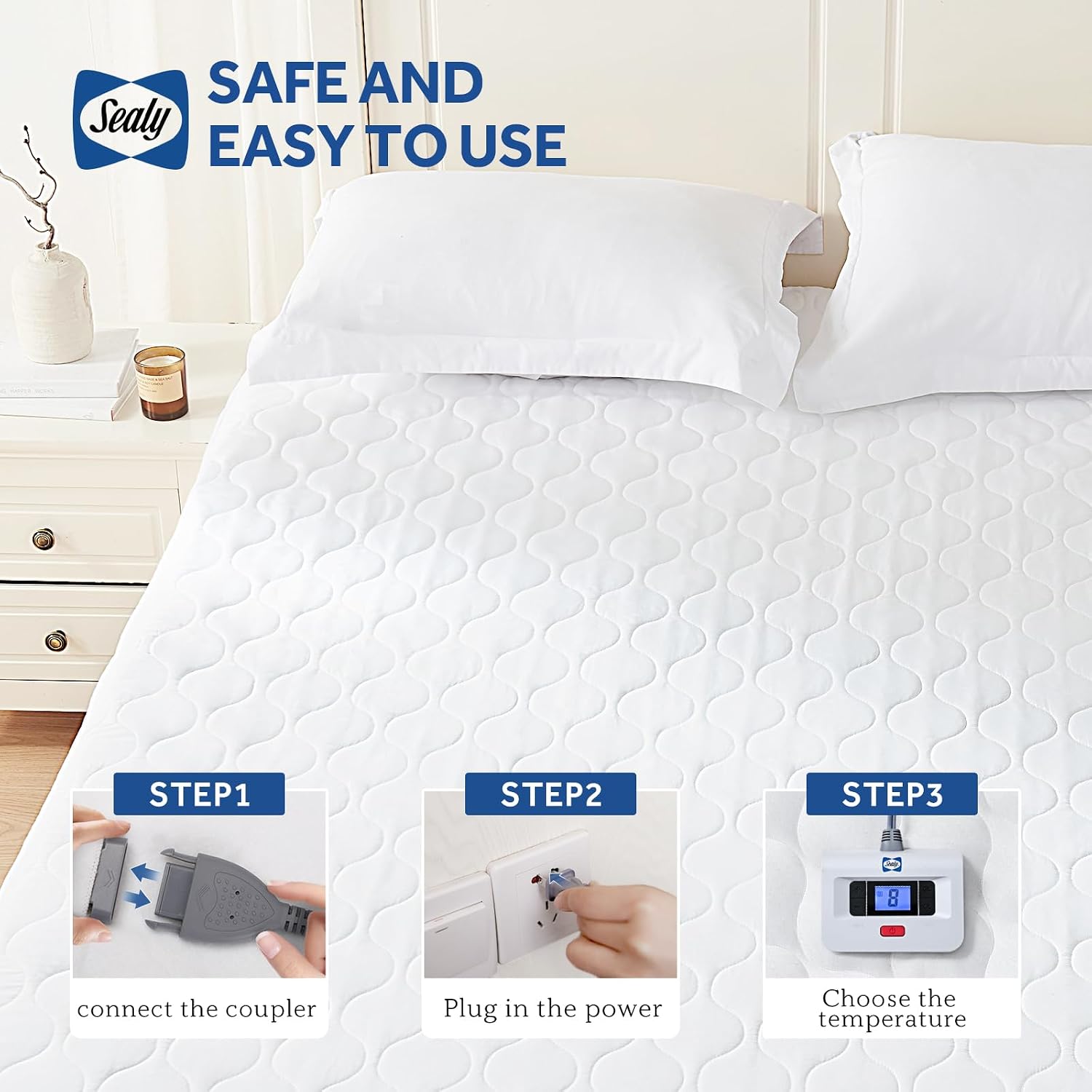 Detalle de Sealy Queen Heated Mattress Pad, Quilted Polyester, 10 Heat Settings, Auto-Off